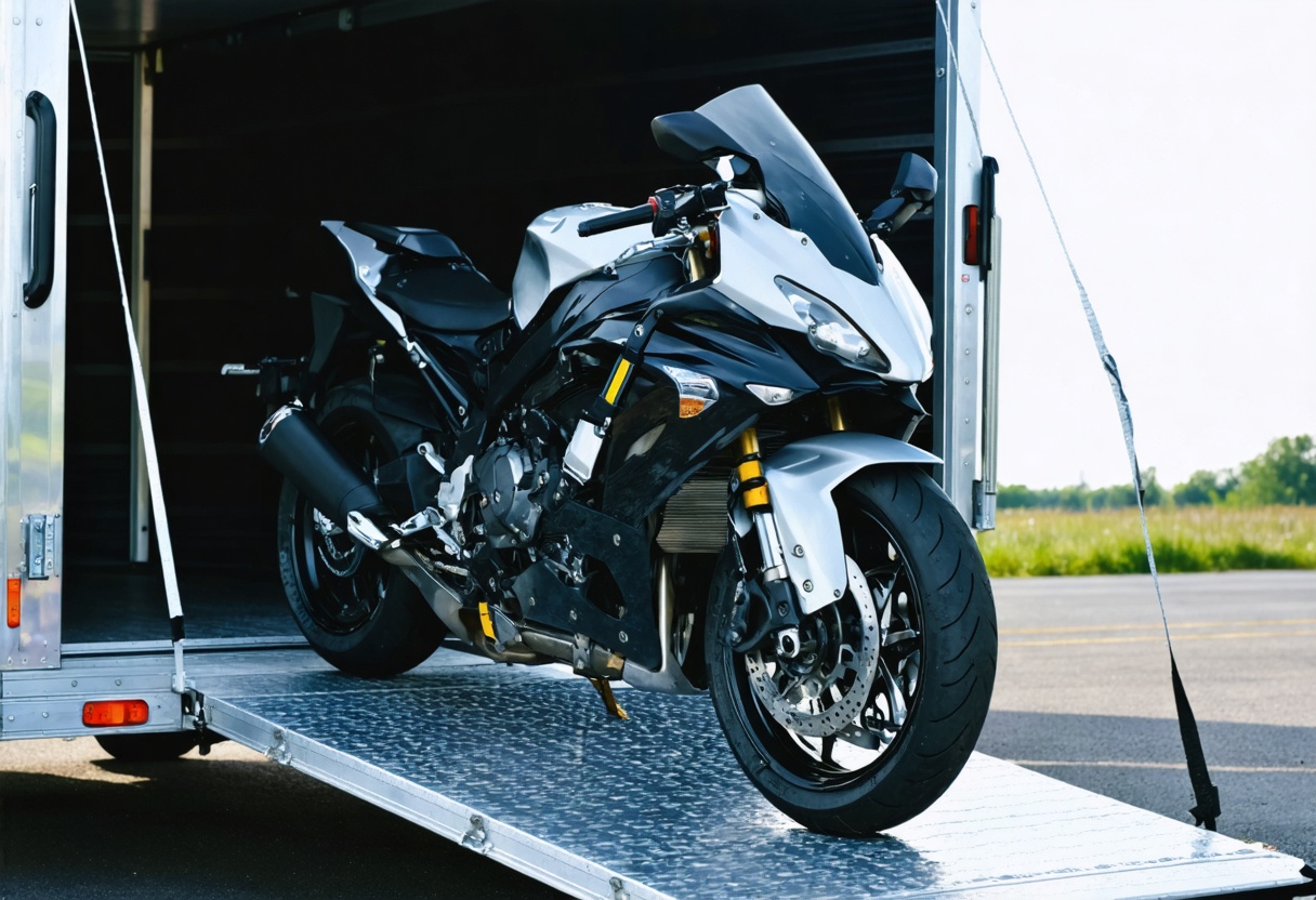 Motorcycle loaded for auto transport
